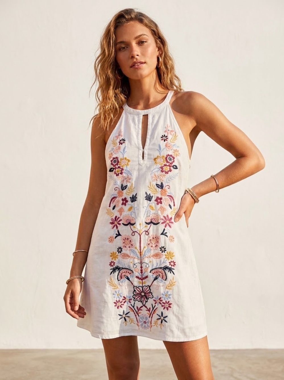 🌸 O'Neill White Floral Embroidered High Neck Tank Dress Cotton Lined Womens M